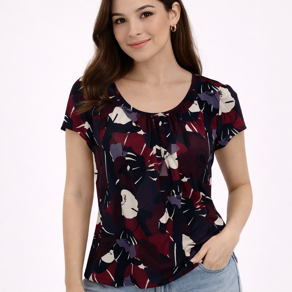 Women’s Floral Scoop Neck Top - Burgundy Multi